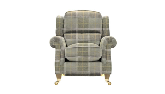 Parker Knoll Henley Powered Footrest Armchair in Harris Check Duck Egg Fabric with Vintage Oak Legs